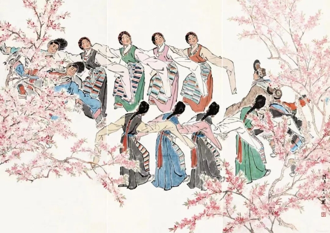 葉淺予高原之春紙本設(shè)色211cm×98cm、211cm×105cm、211cm×98cm1964年